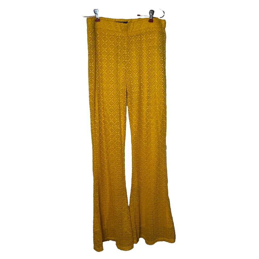 Lucky & Blessed Womens Pants Flare Leg Stretch Boho Hippie Lace Yellow Large NWT